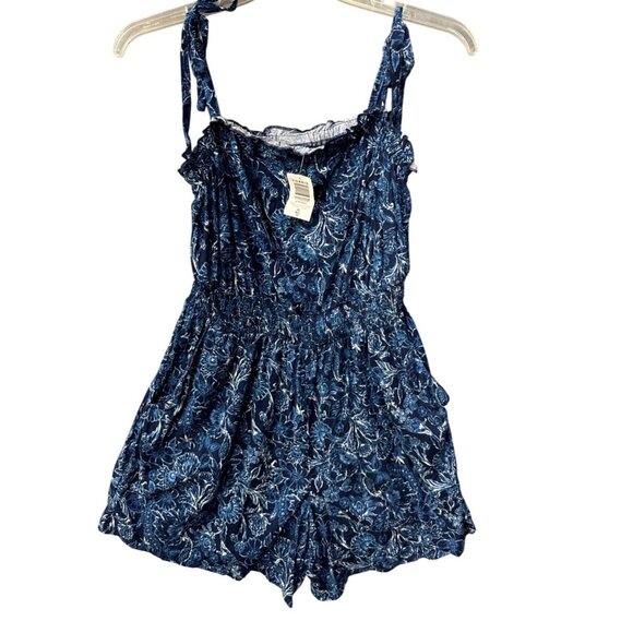 Torrid Challis Tie Straps Romper Dark Blue Floral Smocked Waist Pockets 00/10 - Picture 7 of 13